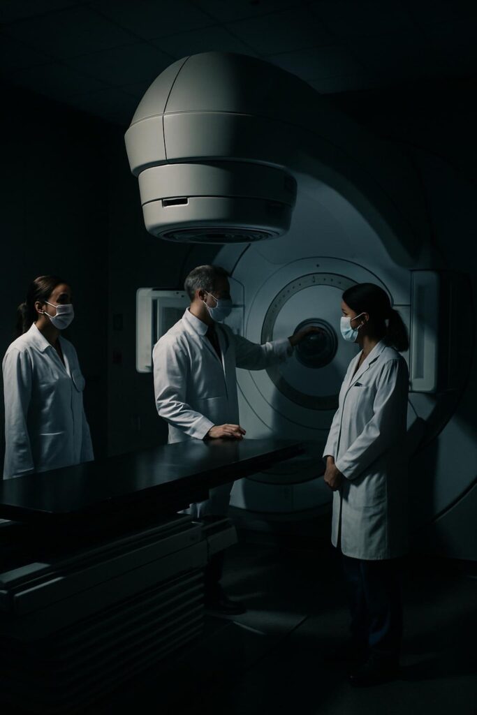 Clinicians reviewing a connected radiotherapy device
